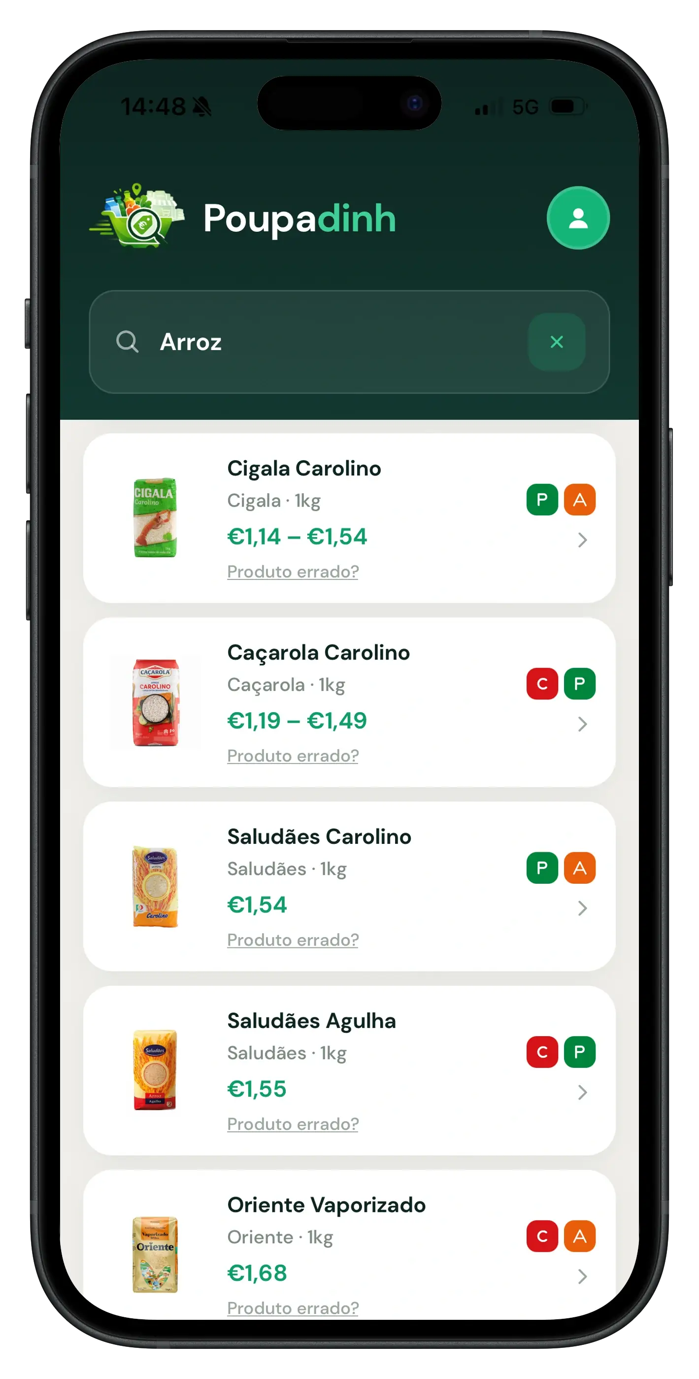 Categorias na app Poupadinh